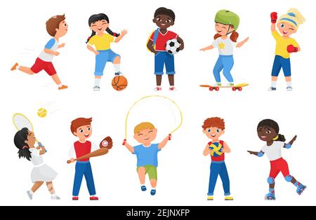 Happy kids do sports exercises vector illustration. Cartoon sportive boy girl child characters run marathon, roller skate or skateboard, jump rope, play soccer tennis baseball games isolated on white Stock Vector