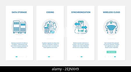 Cloud data storage service vector illustration. UX, UI onboarding mobile app page screen set with line online storing database information, transfer and sync system, cloud wireless and coding symbols Stock Vector