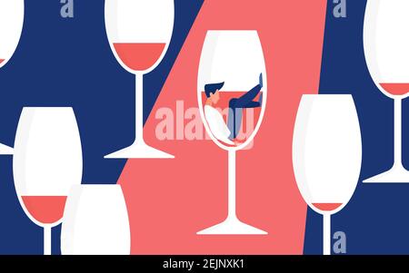 Alcohol addiction concept vector illustration. Cartoon man addict drinker character sitting in glass for red wine drink, alcoholism metaphor and hangover illness, social bad habit problem background Stock Vector