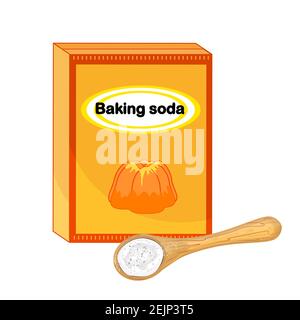 Baking soda in a craft paper bag and spoon isolated on white background.Spoon with white powder.Pile of sodium bicarbonate in bowl.Vector illustration Stock Vector