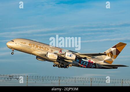 Etihad Airbus A380 registration A6-APC taking off on December 29th 2019 from London Heathrow Airport, Middlesex, UK Stock Photo