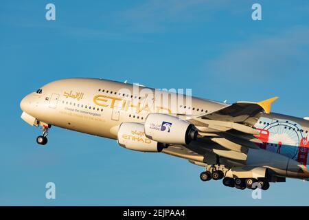 Etihad Airbus A380 registration A6-APC taking off on December 29th 2019 from London Heathrow Airport, Middlesex, UK Stock Photo