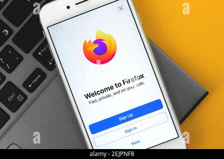 Kharkov, Ukraine - February 22, 2021: Firefox browser app on screen of Apple iPhone, title screen of Mozilla application, photo Stock Photo