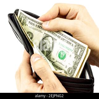 Men taking money out of his wallet, isolated on white background Stock Photo