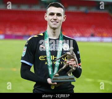 Manchester City's Phil Foden with the Men of the Match award after Carabao Cup Final between Aston Villa and Manchester City at Wembley Stadium, London, England on 01 March 2020. (Photo by AFS/Espa-Images)(Credit Image: &copy; ESPA/Cal Sport Media/Sipa USA Photo Agency/CSM/Sipa USA)