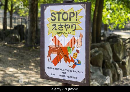 Sign recently erected by the Nara Deer Preservation Foundation in Nara Park, Japan, to stop people feeding the tame animals scraps and snacks. Stock Photo