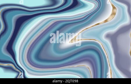 Marbling abstract background in blue with gold. Curved liquid shapes with gold vein. Illustration Stock Photo