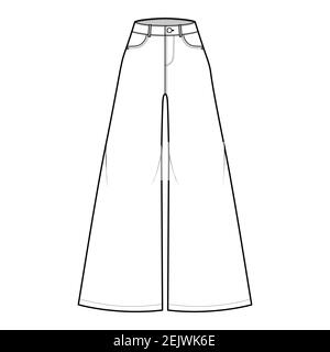 Jeans Baggy wide Pants Denim technical fashion illustration with full ...