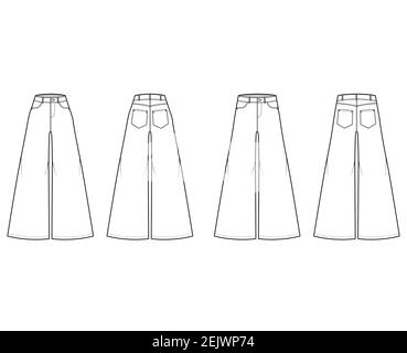 Jeans Baggy wide Pants Denim technical fashion illustration with full ...