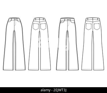 Set of Jeans wide leg Denim pants technical fashion illustration with normal low waist, high rise, 5 pockets, Rivets, belt loops. Flat bottom template front, back, white color. Women, men, unisex CAD Stock Vector