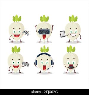 May turnip cartoon character are playing games with various cute emoticons. Vector illustration Stock Vector