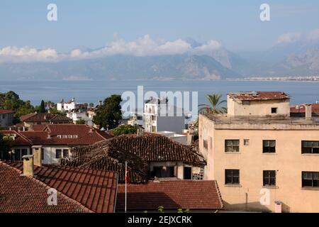 Antalya old town in southern Turkey, views across the rooftops towards the sea and mountains. Sep 2015 Stock Photo