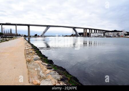 Martigues, France. 15th Feb, 2021. General view of the Martigues motorway viaduct during the crutches repair work. Credit: SOPA Images Limited/Alamy Live News Stock Photo