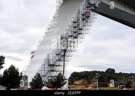 Martigues, France. 15th Feb, 2021. A closeup view of tarpaulins installed along the scaffolding during the repair of the legs of the Martigues motorway viaduct. Credit: SOPA Images Limited/Alamy Live News Stock Photo