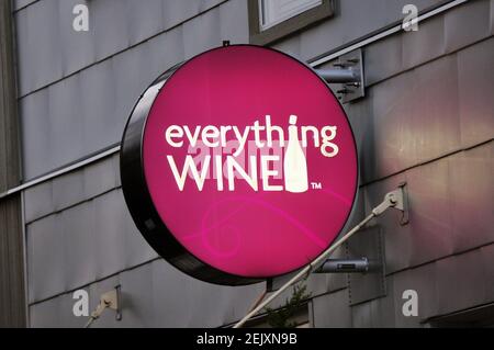 29 March 2020 - Surrey, B.C., Canada - A sign is seen on the exterior of an Everything Wine retail store location, during the COVID-19 pandemic. Photo by Adrian Brown/Sipa USA