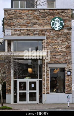 29 March 2020 – Surrey, B.C., Canada – A sign is seen in the window of a closed Starbucks shop location, during the COVID-19 pandemic. Photo by Adrian Brown/Sipa USA