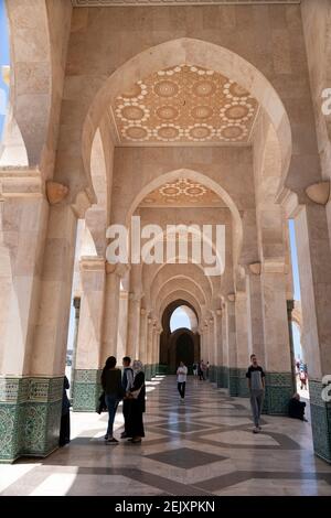 CASABLANCA, MOROCCO- JUNE, 9, 2019: wide view of a covered walkway at hassan ii mosque in casablanca, morroco Stock Photo