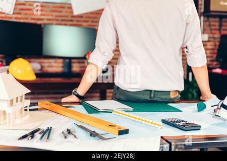 Tool of engineer and architecture for drawing and planing on the table. Stock Photo