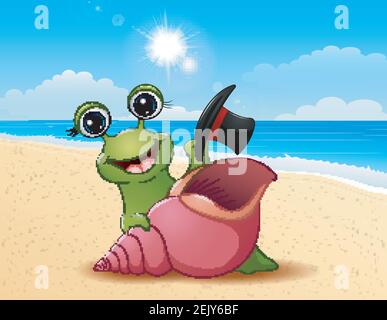 Vector illustration of Smiling snail cartoon on summer beach Stock Vector