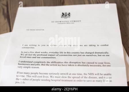 General view of a letter recieved in the post from Prime Minister Boris Johnson to a home in London, UK on April 6, 2020. The letter warns that the outbreak will get 'worse before it gets better ', thanking the NHS and urging people to stay at home. Sent to 30 million British households, a leaflet with hand washing guidance, rules on leaving home, how to self-isolate and protect vulnerable people is included. Symptoms of coronavirus are also be explained. Last night Prime Minister Boris Johnson was admitted to hospital for tests after showing persistent symptoms of coronavirus 10 days after te