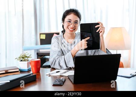 freelance teacher tutor student online on laptop at home. Education at home. Stock Photo