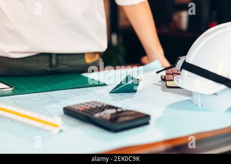 Tool of engineer and architecture for drawing and planing on the table. Stock Photo