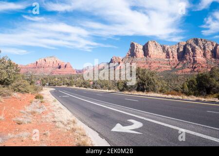 Highway 179 passing through Sedona National Park with of rock formations Stock Photo