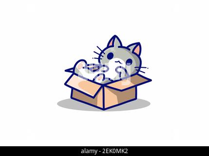 Little grey cat in the box kawaii illustration design Stock Vector