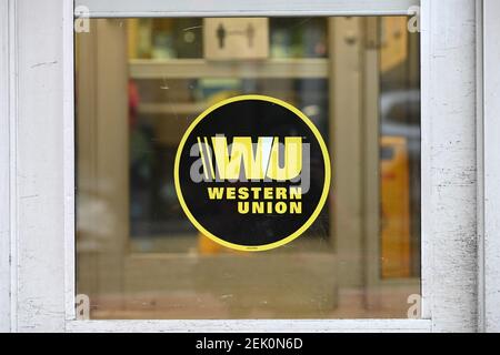 Western Union, a money transfer service, announced the expansion of their global real-time payment network, in part, to encourage people to stay home during the world-wide Coronavirus pandemic, New York, NY, April 24, 2020. (Anthony Behar/Sipa USA)