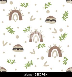 Seamless pattern of jungle animals, sloth, rainbow Stock Vector