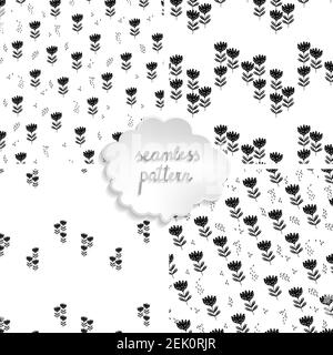 Set of 4 seamless floral patterns based on traditional folk art ornaments. Black flowers on white background. Scandinavian style. Sweden nordic style Stock Vector