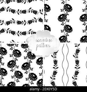 Set of 4 seamless floral patterns based on traditional folk art ornaments. Black flowers on white background. Scandinavian style. Sweden nordic style Stock Vector