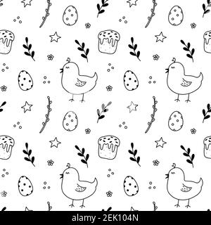Easter seamless pattern. Cute chicks, festive Easter eggs, Easter cakes, spring twigs, flowers. Vector hand-drawn illustration in doodle style. Stock Vector