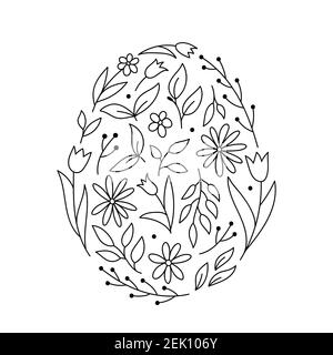 Floral elements in the shape of an Easter egg. Daisies, tulips, spring twigs and leaves in doodle style. Vector hand-drawn illustration. Stock Vector