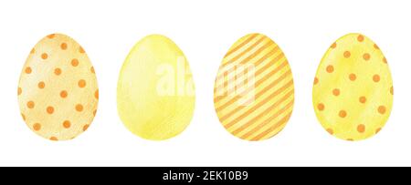 Watercolor set with Easter eggs with polka dots and stripes. Festive design elements  in yellow and orange colors isolated on white background. Stock Photo