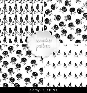 Set of 4 seamless floral patterns based on traditional folk art ornaments. Black flowers on white background. Scandinavian style. Sweden nordic style Stock Vector
