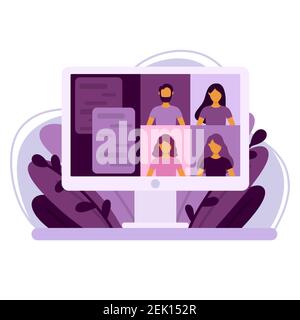 Colleagues video meeting through the computer screen. Video conversation at work or home. Group of people talking to each other via video chat. Stock Vector