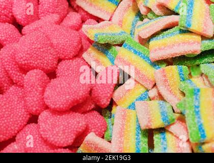 Assorted Many colorful tasty gummy candies. sweets background. Top view. Stock Photo