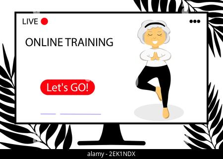 The concept of online training. Sporty Granny does Yoga. Home sport. Old person. Senior woman in pose yoga. Grandma. Grandmother character. Exercising Stock Vector