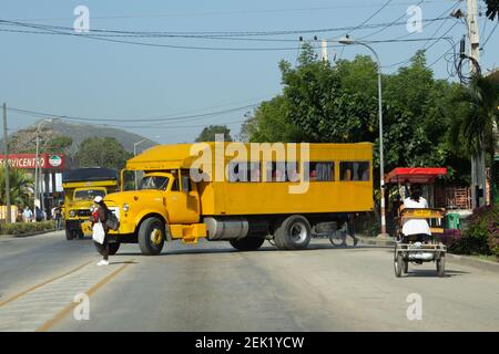 HOLGUIN, CUBA - FEBRUARY 18; 2020 yellow classic converted truck into a bus Stock Photo