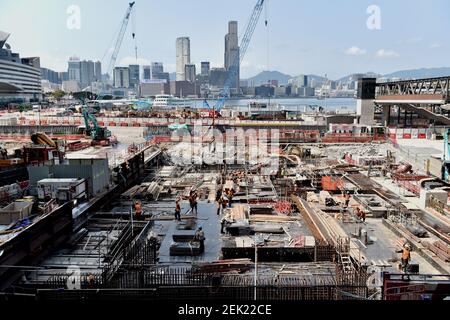 An aerial view of workers are busy at constructing Exhibition Center ...