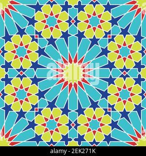 Seamless geometric ornament based on traditional islamic art. Great design for fabric,textile,cover,wrapping paper,background.Yellow, blue, red and wh Stock Vector