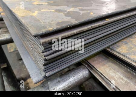 thick hot rolled steel sheets stack corner, close-up. Stock Photo