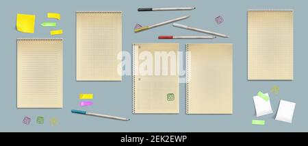 Notebook sheets of kraft paper, blank pages with lines, dots or checks with sticky notes, clips and colored pencils around. Memo pads, daily planner templates, Realistic 3d vector illustration, set Stock Vector