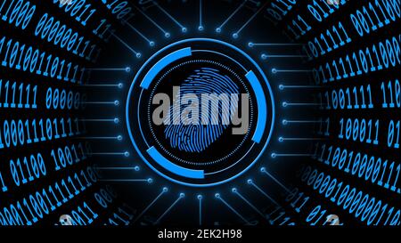 Fingerprint logo centered into hud elements with information connecting lines - binary code arranged in cylinder shape - graphic elements in blue Stock Photo
