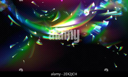 Rainbow crystal light, prism flare reflection, lens refraction, glass, jewelry or gem stone glare, optical physics effect isolated on black and transparent background, Realistic 3d vector illustration Stock Vector