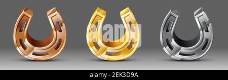 Vector set of metal plated horseshoes in gold, bronze and silver. Stock Vector