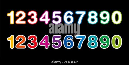 Rainbow colored numbers from one to zero, on a black background. Two rows of ten colorful numerals, bold, rounded and with a thin line at the edge. Stock Photo