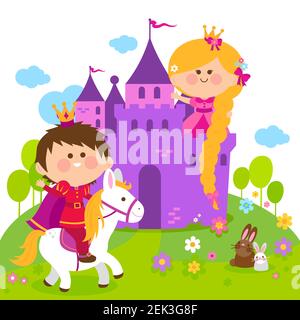 Rapunzel fairy tale princess at the castle and prince riding a horse. Stock Photo