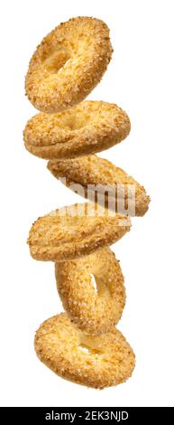 Flying butter cookies isolated on white background, flying biscuits collection Stock Photo